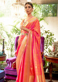 Appricot Peach Woven Smooth Satin Silk Banarasi Saree