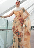 Day Beige Woven Linen Silk Saree With Print