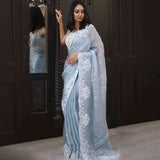 Organza silk Saree -Organza Saree Blue women's fashion mart