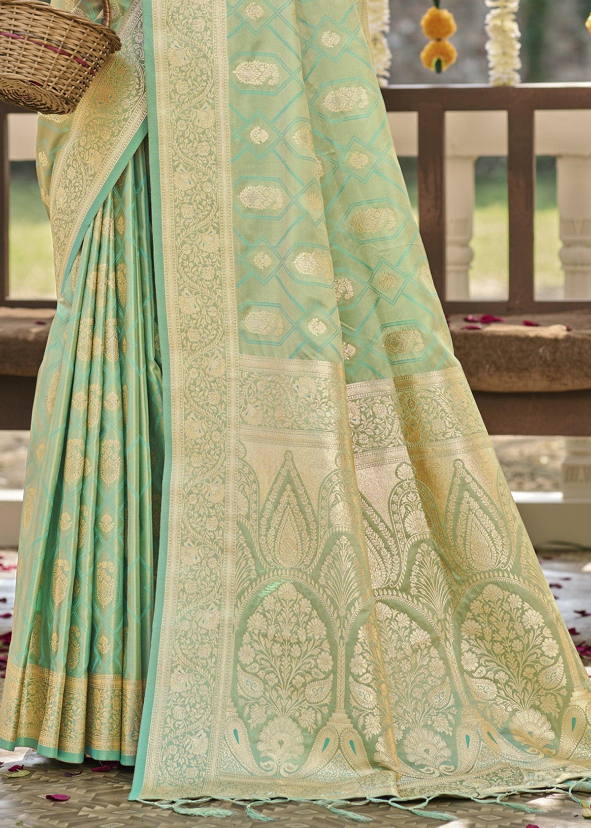 Pastel Green Woven Banarasi Satin Silk Saree