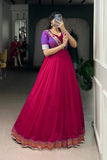 Premium Pink Vichitra Silk Zari Woven Flared Dress With Lace Detailing