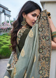 Antique Green Heavy Embroidered Designer Silk Saree
