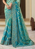 Turquoise Blue Heavy Embroidered Designer Silk Saree