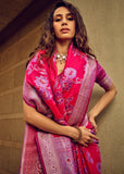 Princess Pink Woven Satin Silk Banarasi Saree With Brocade Blouse