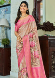 Beige And Pink Woven Banarasi Soft Silk Saree With Digital Print