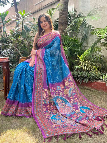 Blue Colour Design Linen Saree with Bandhej and kalamkari Digital Print