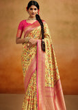 Yellow And Pink Woven Banarasi Silk Saree With Kalamkari Print