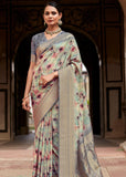 Ash Grey Woven Banarasi Silk Saree With Digital Print