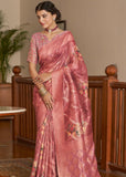 Beautiful Rose Pink Woven Banarasi Tissue Organza Silk Saree With Digital Print