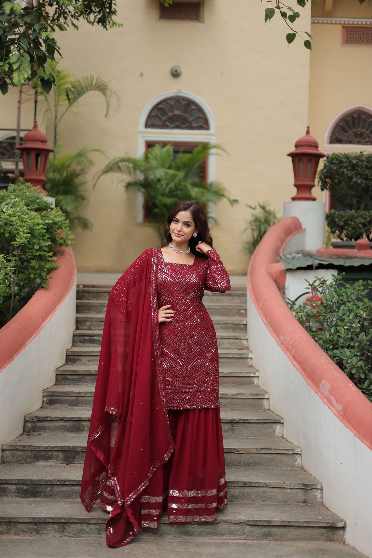 Georgette Sequins Thread Embroidered Work Women Suit Set - women's fashion mart