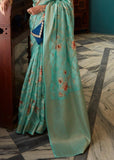 Turquoise Green Woven Banarasi Silk Saree With Floral Print