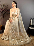 Cream Pearl Work Glass Organza Saree