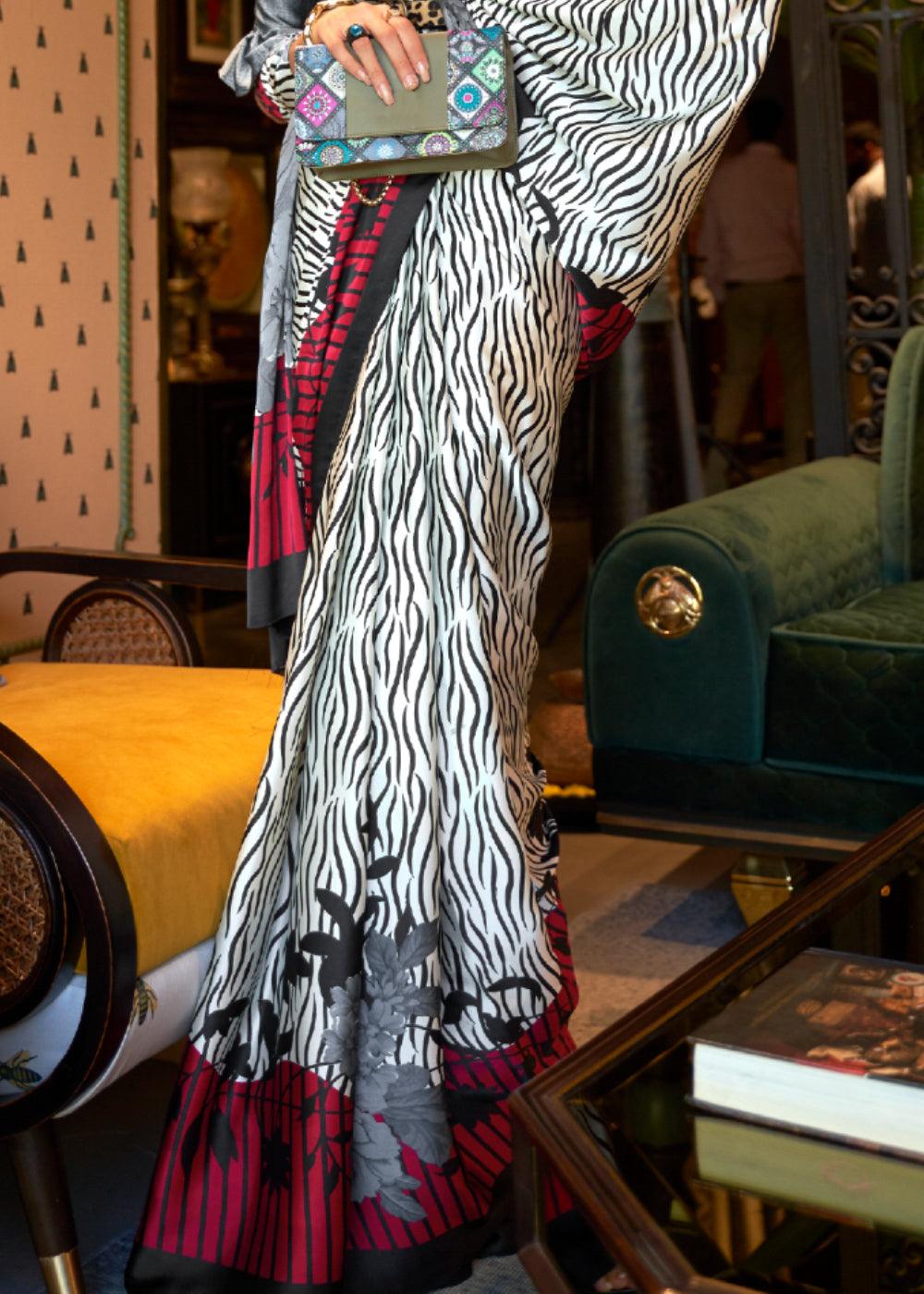 ABSTRACT WHITE AND BLACK SATIN SILK PRINTED SAREE