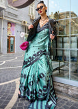 Aqua Blue Printed Satin Silk Saree