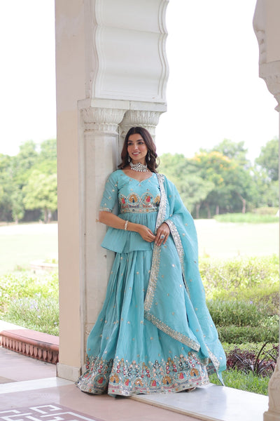 Gold Crush Embroidered Lehenga Set With Peplum Blouse And Heavy Sequins Dupatta