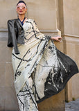 Classic Off White and Black Satin Crepe Digital Printed Saree