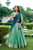 Kanchipuram Silk Lehenga Collection Green, Beige, and Pink with Contrasting Dupattas