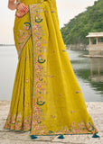 Lime Green Designer Embroidered Silk Saree
