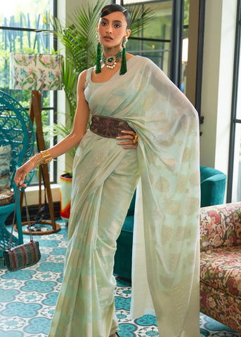 Capri Green Woven Lucknowi Linen Silk Saree