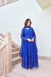 Royal Blue Embroidered Work Gown With Dupatta Set - women's fashion mart