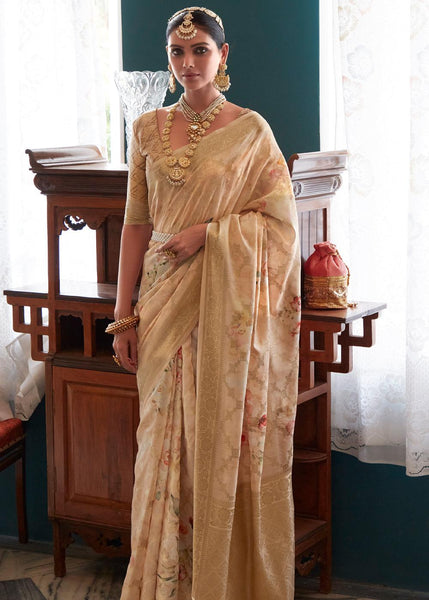 Beige Woven Banarasi Silk Saree With Floral Print