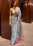 Winter Grey Floral Printed Satin Silk Saree
