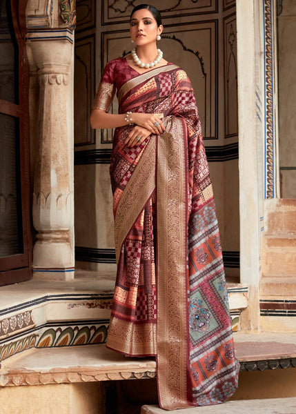 Wine Maroon Woven Banarasi Printed Soft Silk Saree