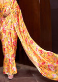 Sunny Yellow Floral Printed Satin Silk Saree