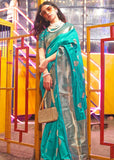 Teal Green Banarasi Woven Soft Silk Saree