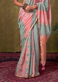 Baby Pink And Grey Woven Rangkaat Silk Saree