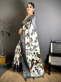Grey Soft Dola Floral Print Gadwal Border Saree
