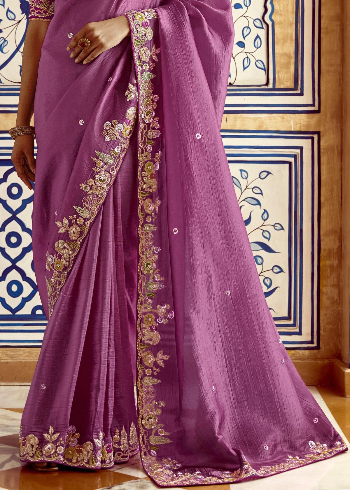 Striking Purple Heavy Embroidered Designer Silk Saree