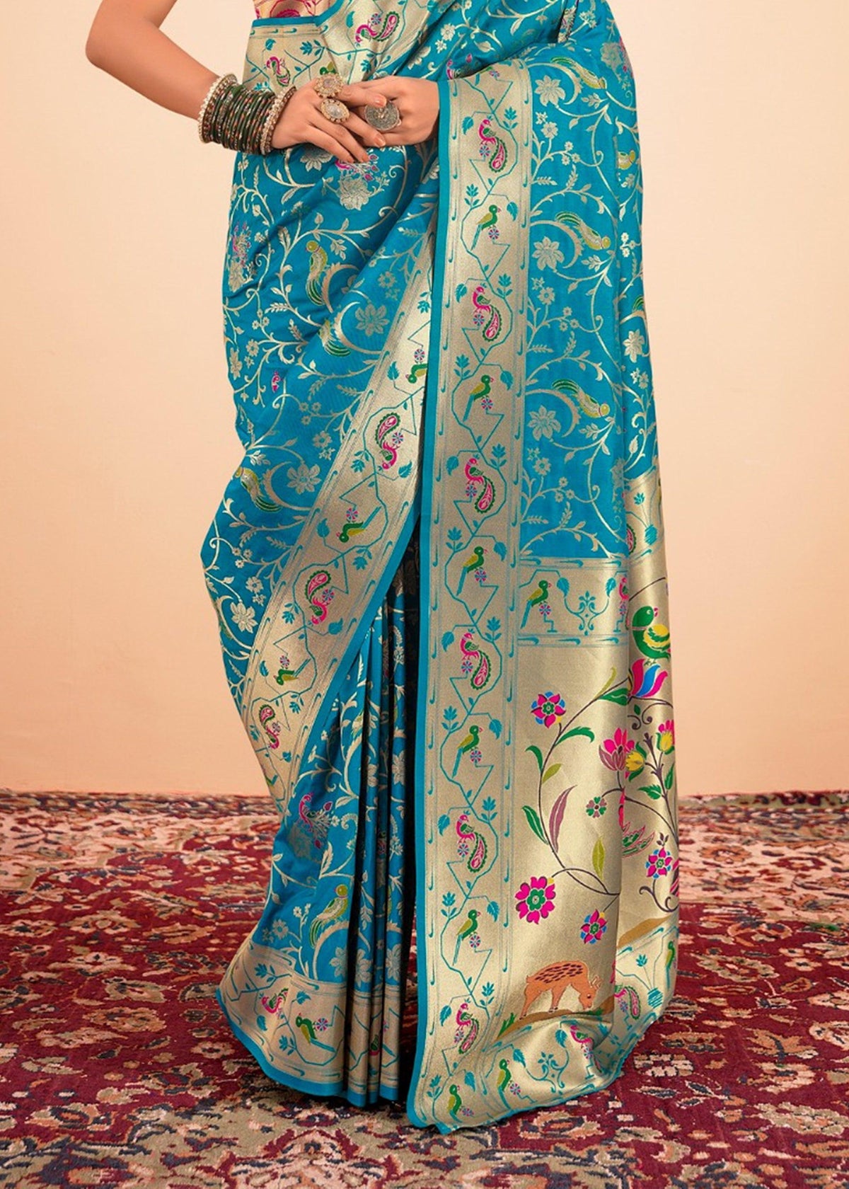 Dive Blue Woven Paithani Silk Saree With Contrast Blouse