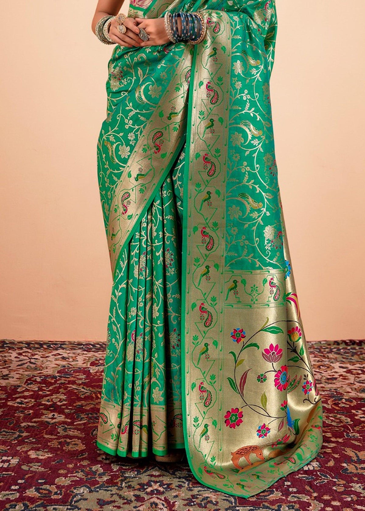 Ming Green Woven Paithani Silk Saree With Contrast Blouse
