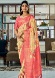 Yellow And Pink Woven Banarasi Soft Silk Saree With Digital Print