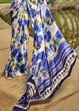Dazzling Blue Satin Crepe Printed Silk Saree