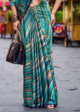 Turquoise Blue Satin Crepe Printed Silk Saree