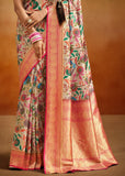 Almond Beige Woven Banarasi Silk Saree With Kalamkari Print