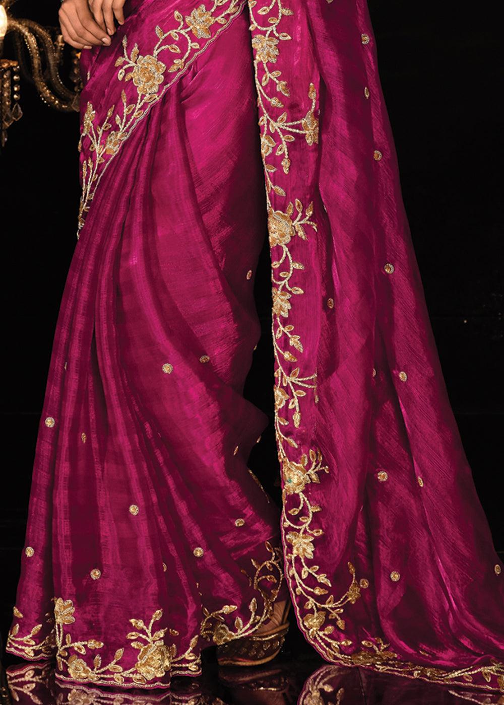 Magenta Pink Heavy Embroidered Designer Silk Saree With contrast Blouse