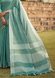 Aqua Blue Woven Linen Saree With Khadi Print Blouse