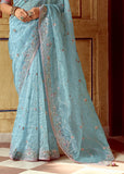 Blue Heavy Embroidered Designer Silk Saree