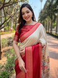 Cream Colour Double Border Chex Weaving Banarasi Soft Silk Saree  women's fashion mart