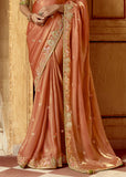 Apricot Peach Heavy Embroidered Designer Silk Saree