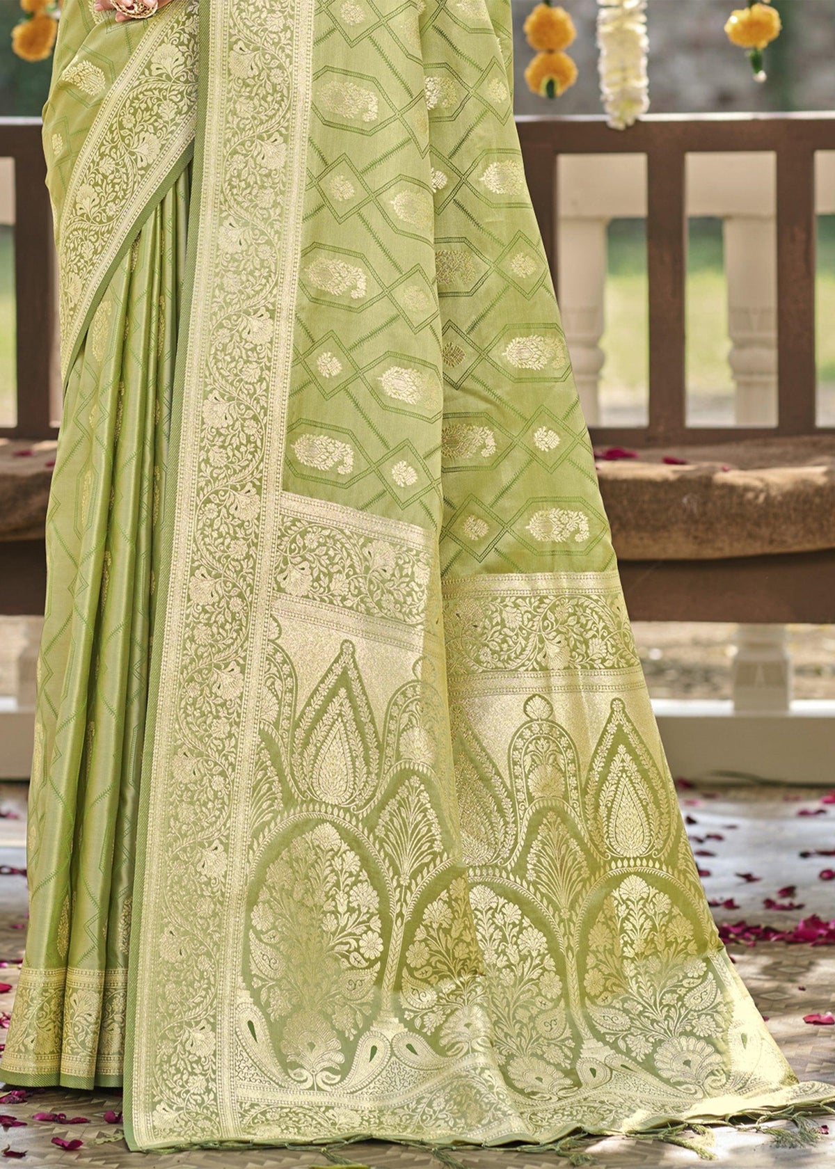 Grass Green Woven Banarasi Satin Silk Saree