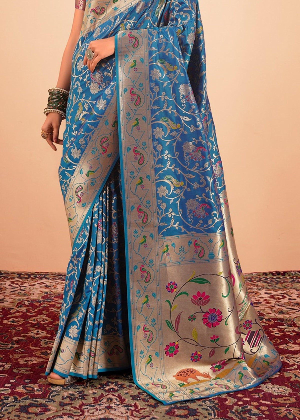 Alaskan Blue Woven Paithani Silk Saree With Contrast Blouse