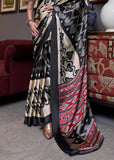 Beige And Black Patola Printed Satin Crepe Silk Saree