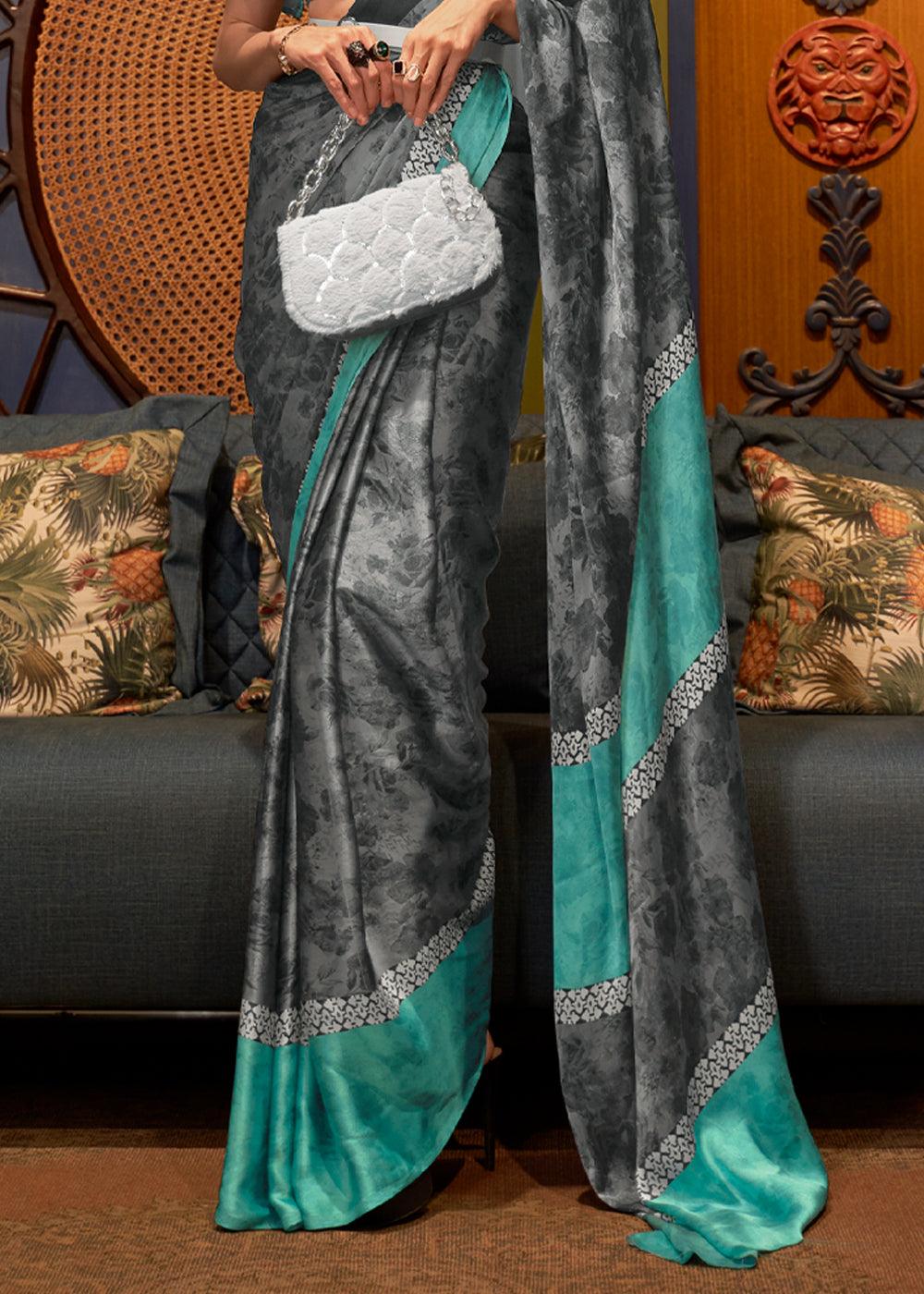 CLOUDY GREY SATIN SILK PRINTED SAREE