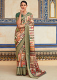 Cream And Green Woven Banarasi Printed Soft Silk Saree