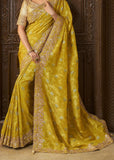 Blazing Yellow Heavy Embroidered Designer Silk Saree