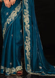 Coral Blue Heavy Embroidered Designer Silk Saree With contrast Blouse